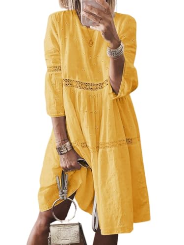 Image of utcoco Womens Lace Eyelet Embroidery Dresses 3 /4 Trumpet Sleeve Crochet Spliced A Line Flowy Boho Midi Dress