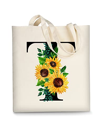 AUSVKAI Canvas Tote Bag Aesthetic for Women, Cute Sunflower Initial Trendy Monogram Personalized Initial Birthday Reusable Cloth Cotton Bags with Handle for Grocery College Shopping Beach