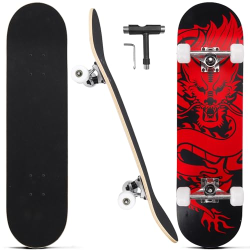 Image of Skateboards for Beginners Adults Youths Teens Kids Girls Boys 31 Inch Pro Complete Skate Boards 7 Layer Canadian Maple Double Kick Concave Longboards