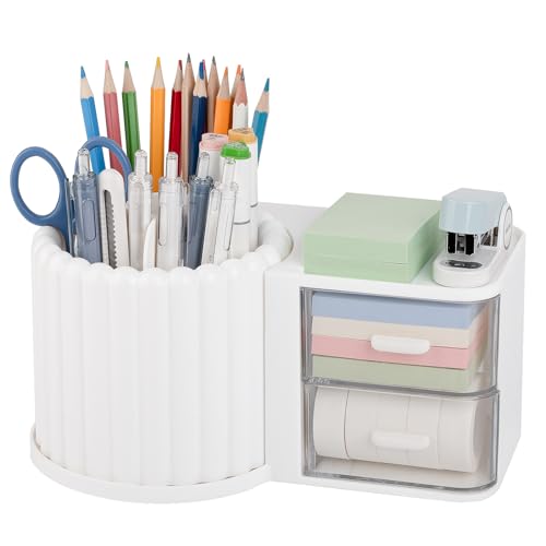 Image of Anyoifax 360 Rotating Pen Holder 7 Slots Desk Organizer with Drawer Removable Pencil Cup Plastic Art Supplies and Accessories Desktop Storage Box Caddy for Office, School, Home (White)