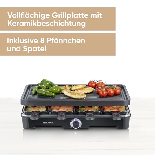 Severin Raclette-Grill, mit großer Grillplatte, Keramik- & Antihaftbeschichtung, 8 Raclette Pfännchen & 8 Spatel, Tischgrill für bis zu 8 Personen, 1.400 W Leistung, schwarz, RG 9670 – Bild 2