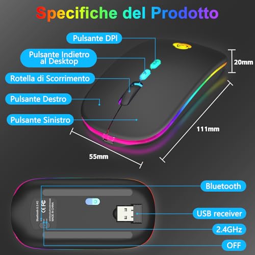 Cc Store Mouse Wireless, Wireless Ricevitore Usb A 2.4G Tipo C, Mouse Bluetooth Ricaricabile, 7 Colori, Sottile 3 Dpi 800/1200/1600, Mouse Silenzioso Compatibile Con Ipad/Pc/Mac/Windows - 8