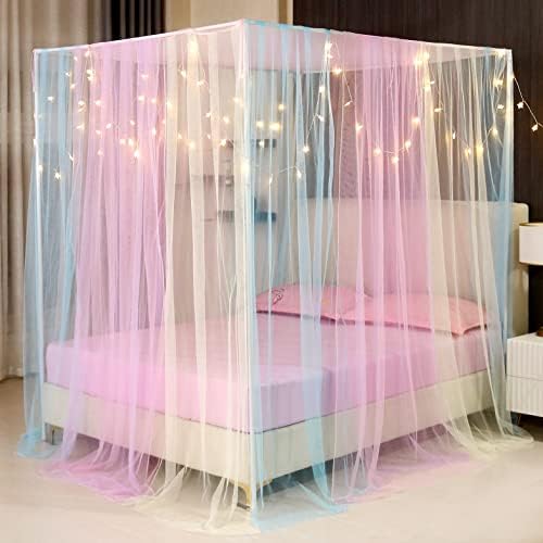Canopy Bed Curtains with Lights,Rainbow Bed Canopy for Girls,Bed Drapes Netting Bedroom Decoration Accessories for Girls Adults,Queen