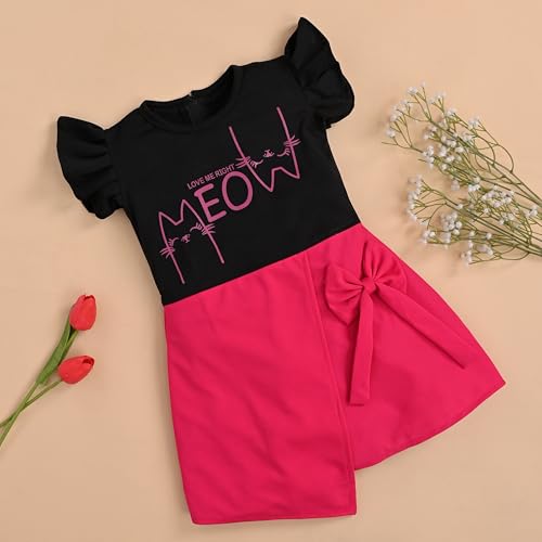 Image of ER Life Style Casual Cotton Blend Meow Printed Knee Length Ruffle Short Sleeves Dress for Girls