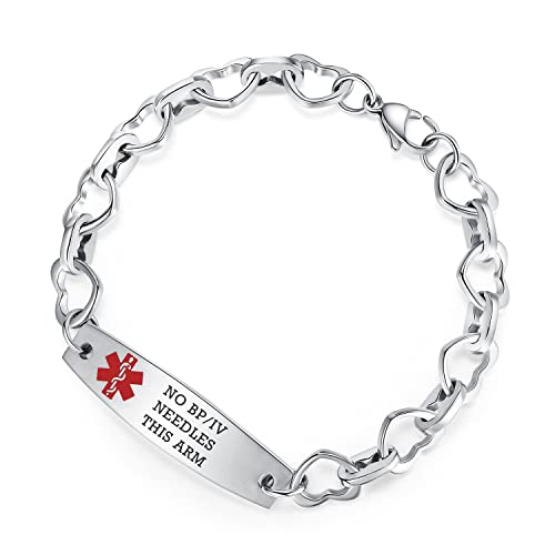 Mnmoom 7.5 In Heart Medical Alert Bracelets For Women Stainless Steel Heart Link No Bp No Iv No Needles This Arm Medical Bracelets #TOP14
