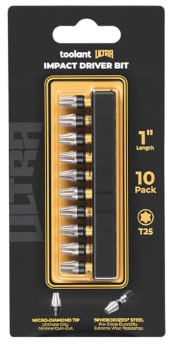Image of toolant T25 1 inch Impact Torx Bits, 1 /4 inch Hex, S2 Steel, 10-Piece Set | Diamond-coated CNC tips grip screw heads, while strengthened magnets hold screws in tight spaces.