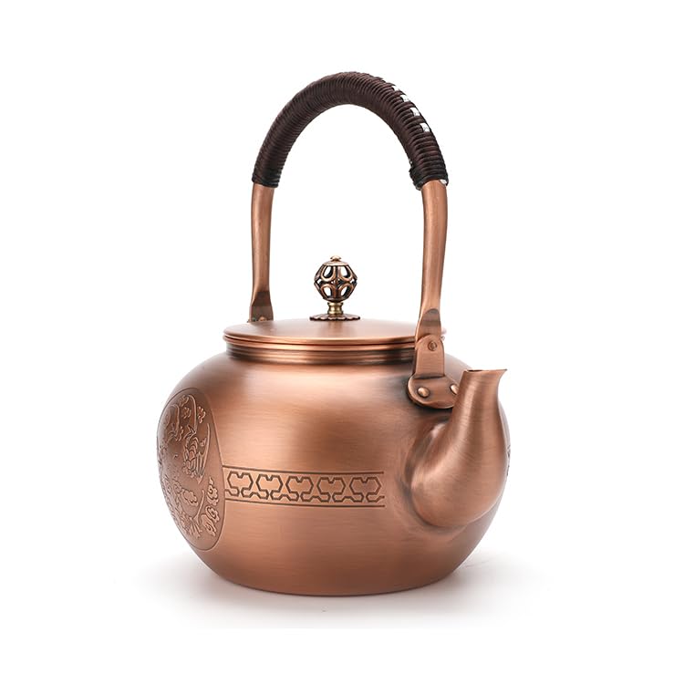 Kuiwisen Handmade Apple Shape Copper Kettle Teapot Copper Stovetop Kettle Teapot 1.5mm Thick Pure Red Copper Handmade, 1600 ml - 1.98bl (Pattern 1 - Blessing)