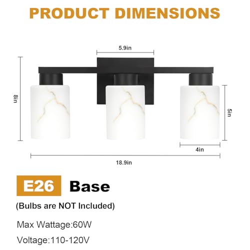 Image of 3-Light Bathroom Light Fixtures, Modern Vanity Lights, Black Metal Wall Lamp with Handcrafted Art Glass for Bathroom, Mirror, Living Room, Bedroom, Cabinet, Porch, Hallway, E26 Base