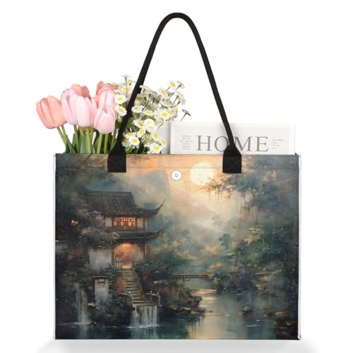 Landscape House River Tote Bag for Women Large Beach Bag Reusable Tote Bags for Work Travel Beach Shopping3