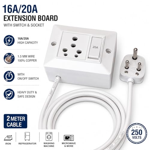 Image of 16A Extension Board with Switch, 2 Meter 1.5 Sq mm 100% Copper Wire, Heavy Duty Power Extension Socket for Refrigerator, Microwave, Washing Machine, Geyser & Iron