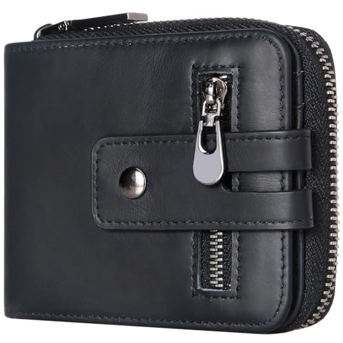 Zipper Wallet for Men, Genuine Leather Zipper Around Purse RFID Blocking Bifold ID Window,Zipper Wallet With Coin Pocket