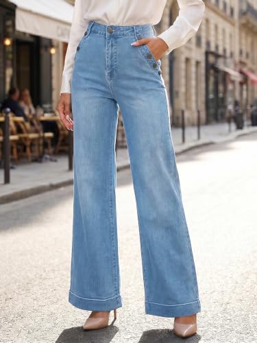 Flowyair Womens Wide Leg Jeans High Waisted Button Casual Denim Pants - image 3