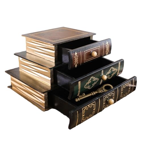 Kustimantu Aufbewahrungsbox für den Schreibtisch, Schmuckkästchen aus Holz – Arbeitsplatte in Buch mit 3 Schubladen | kreative Präsentationsbox mit 3 Ebenen für Arbeitszimmer