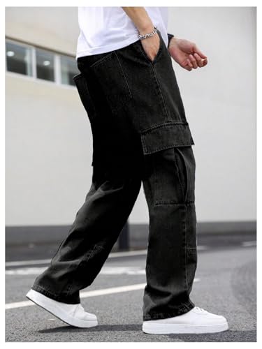 OYOANGLE Men's Flap Pocket Denim Cargo Pants Straight Leg Skateboard Jean Trousers3