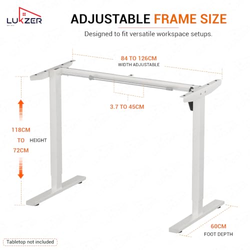 Image of Lukzer Electric Height Adjustable Desk Frame with Single Motor (EST-003-F /White) Strong Metal Sit Stand Table Base with LED Control Panel, 3 Memory Presets, DIY Workstation Frame 84-126 cm Width