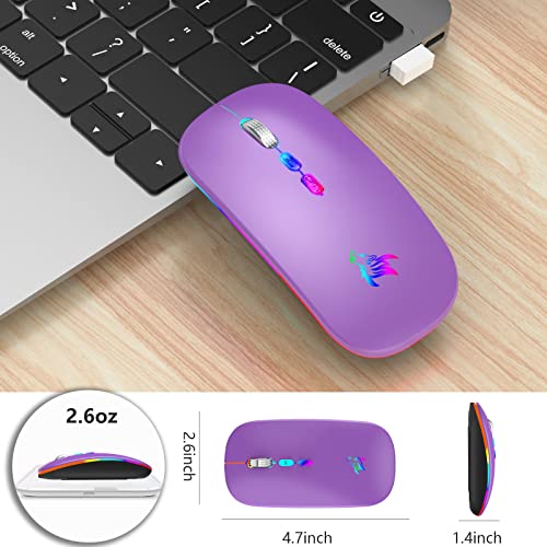 Hotlife Led Wireless Mouse, Slim Rechargeable Wireless Bluetooth Mouse, 2.4G Portable Usb Optical Wireless Computer Mice With Usb Receiver And Type C Adapter (Purple) #TOP6