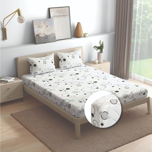 Image of Wakefit Cotton Fitted Bedsheet | 200 TC Elastic Solid Fitted Sheet, Double Bed Bedsheet with 2 Pillow Covers | Bubbles - 72X48 Inches,White