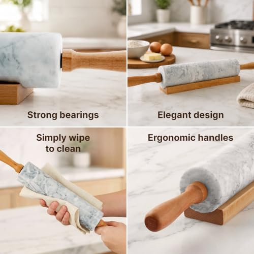 Zulay Kitchen 17-Inch Marble Rolling Pin With Stand - Polished Marble Rolling Pins For Baking With Long Beechwood Handle - Non-stick Roller Pin For Baking Pastries, Bread & Pizza - Image 5
