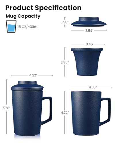 Foinly 15 oz Ceramic Tea Infuser Cup with Lid - Tea Mug with All Porcelain Strainer for Loose Leaf Teas,Microwave and Dishwasher Safe,Metal-Free,BPA-Free for Tea Lovers/Father's Day (Blue) — view 2