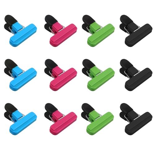 Xxinxrong 12Pcs Reusable Food Bag Clips for Sealing - Airtight Kitchen & Freezer Bag Clips 4 Colours Strong Grip for Snacks Bread Pet Food - Ideal for Home Travel & Camping Storage