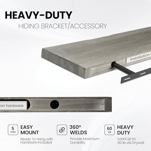 Image of Fun Memories Floating Shelves for Wall, 48 inchx9.3 inch Rustic Solid Live-Edge Elm Wood Wall Shelves, Heavy-Duty Floating Shelves with Invisible Brackets for Living Room, Bedroom, and Kitchen, Grey Finish