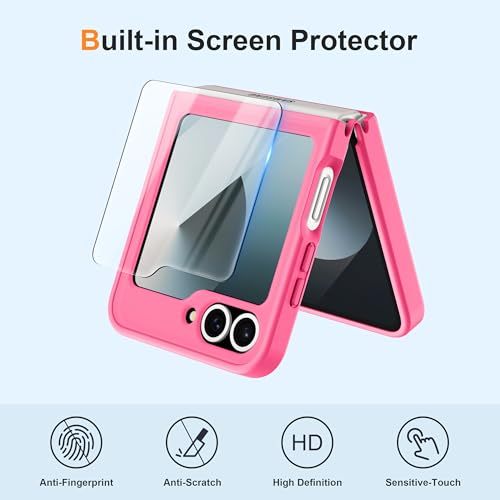Image of ORETECH Magnetic for Samsung Galaxy Z Flip 7 FE Case Galaxy Z Flip 6, with [2 x Screen Protector] Translucent Back Non-Slip Shockproof Bumper Case for Galaxy Z Flip 7FE / 6 - Hot Pink | 2 Pack Screen Protector, Translucent Back Non-Slip Hard PC Shockproof Cover