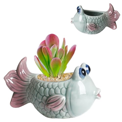 6Inch Fish Ceramic Succulent Planter Vintage Ocean Fish Cartoon Pottery Bonsai Pot Cactus Plants Flowerpot Air Plant Holder Display Containers for Home Office Desk Shelf Windowswill Decor (No Plants)