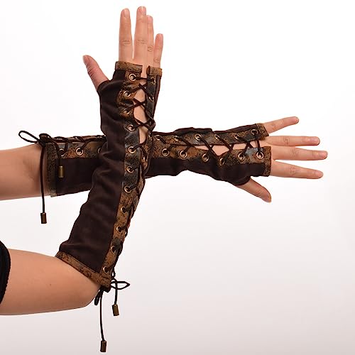 BPURB 1 Pair Women's Steampunk Fingerless Gloves Elbow Lace Up Gloves for Halloween Costume Cosplay Party brown, One Size - Image 3
