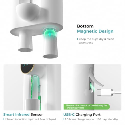 Image of Oylik Automatic Mouthwash Dispenser 18.26 oz Touchless Mouthwash Dispenser for Bathroom 2 Magnetic Cup USB Rechargeable and 3 Dispensing Levels with Led Screen Wall-Mounted or Countertop Use-White