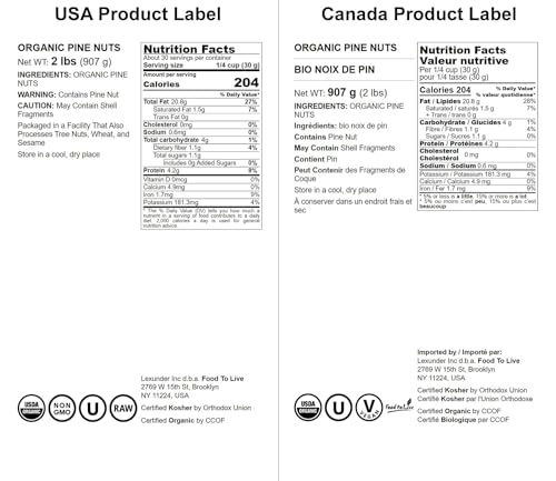 Organic Pine Nuts, 2 Pounds – Non-GMO, Whole Raw Pignolias, Unsalted, No Shell, Vegan, Kosher, Bulk Snack. Rich in Vitamin E, Protein. Great for Pesto, Salads, Homemade Desserts, and as a Topping.