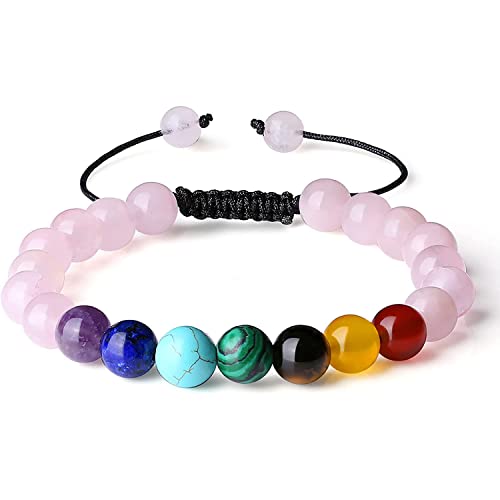 Fuqimanman2020 7 Chakra Rose Quartz Bracelet For Women-Healing Crystal Stone Beaded Bracelet,Natural Gemstone Matching Bracelet Bangle,Reiki Yoga Meditation Anxiety, Adjustable Braided Bracelets #TOP4