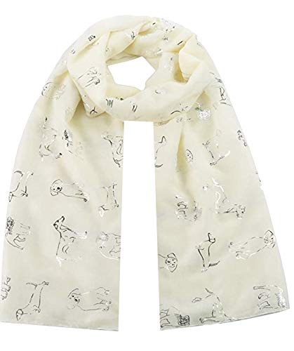 World of Shawls Bufanda con estampado de perro carlino, perro salchicha, perro Spaniel, Jack Russell, bufanda suave para todas las estaciones, Crema con purpurina para perros, 100 x 180 cm