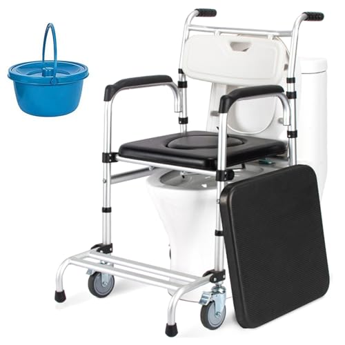 vanenferse Sedia da Toilette Comodino Regolabile in Altezza con Secchio Rimovibile, Sedia da Doccia con Rotelle in Lega Alluminio con Braccioli E Schienale per Anziani Adulti, capacità Peso di 150 kg