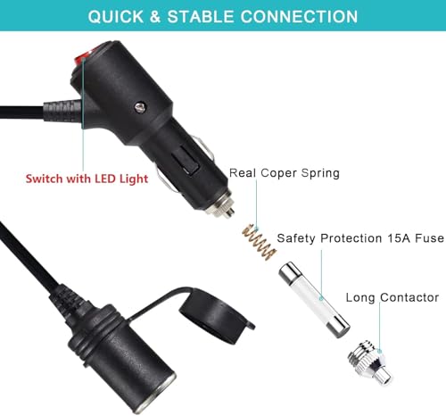 Image of RIGGEAR Car Cigarette Lighter Extension Cable, 3m /10ft Long Lighter Extender Cord with Switch, LED Indicator and Dust Cap for Tyre Inflator /Accessories, Heavy Duty Extension Cable, 15A Fuse