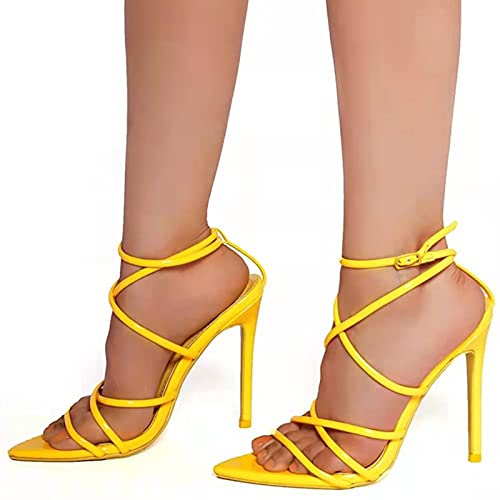Leodun Damen Stiletto Sandalen Mit Spitzen Zehen Mode Schnallen High Heel Knöchelriemchen Sandaletten, Elegante High Heels Riemchensandalen,Gelb,39 Cover