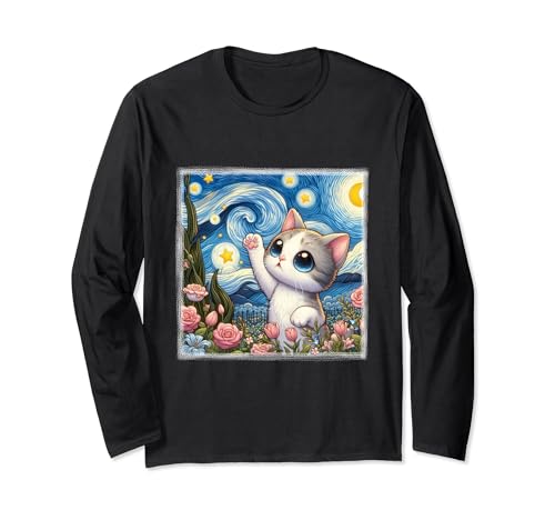 Sternennacht Kawaii Katze Van Gogh Garten Rosen Tulpen Lilien Langarmshirt