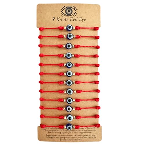 BONITTER Evil Eye Protection Bracelet Set, 12 Pack Adjustable Red 7 Knot Lucky String Amulets, Black and Pink Friendship Bracelets for Women, Men, Boys, Girls (12, Red) (Red)