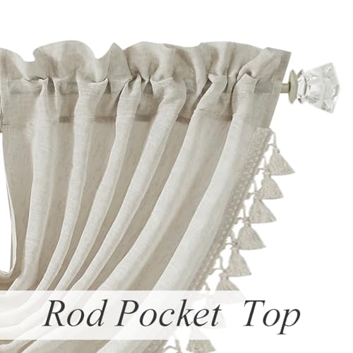 Central Park Natural Solid Waterfall Valance Window Curtain Linen Blended Rod Pocket with Tassel Accessories Semi Sheer Kitchen Curtain Panel for Living and Bedroom, 56\"x38\", 1 Piece - Thumbnail 6