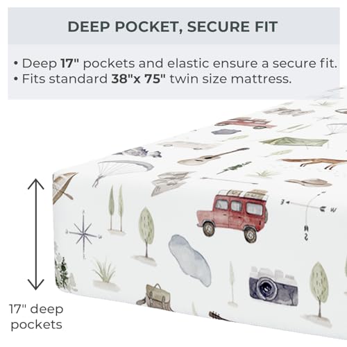 Image of Pobibaby Premium Twin Full Sheets Sets, Kids Double Bed Sheets in Cotton Blend | Ultra-Soft Woodland Camping Print with Fitted Sheet, Flat Sheet & Pillowcases (Twin Explore)