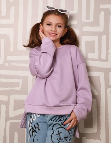 Image of Arshiner Girls Crewneck Sweatshirt Long Sleeve Pullover Tops Drop Shoulder Sweatshirts Side Split | Drop Shoulder Sweatshirt Cute Casual Sweatshirt Fall Winter Sweatshirts