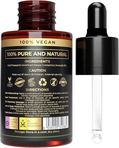 100% Plant Based Avocado Oil for Hair Growth – Non-GMO, Hexane Free – Cold Pressed Organic Avocado Oil for Skin, Face & Beard – Deep Moisturization & Nourishment for Hair Care & Glowing Skin