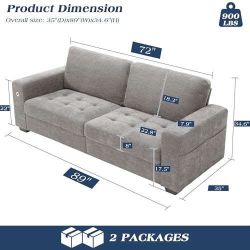 Image of WorthFurni Sofas for Living Room, Chenille Loveseat Couch Set, Small Sofa, 3 Seater Sofa, USB Charging, Removable Sofa Cover,Solid Wood Frame, Easy to Install(89inch,Grey)
