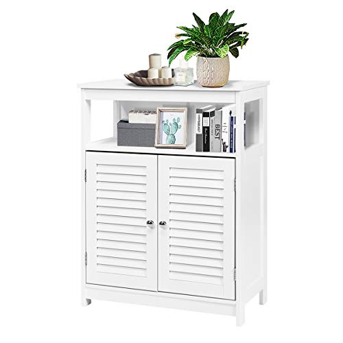 GOPLUS - Armario de cuarto de baño, mueble de almacenamiento sobre patas, armario de baño de MDF con 2 puertas de persianas y estante ajustable, apto para entrada, salón, 60 x 30 x 80 cm (blanco) Cover