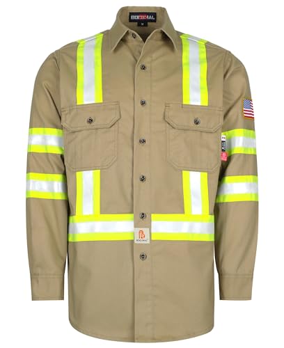 BOCOMAL FR Shirts High Visibility Button Down 7.5oz ANSI/ISEA Type O Class1 Flame Resistant Hi Vis Refective Safety Jacket