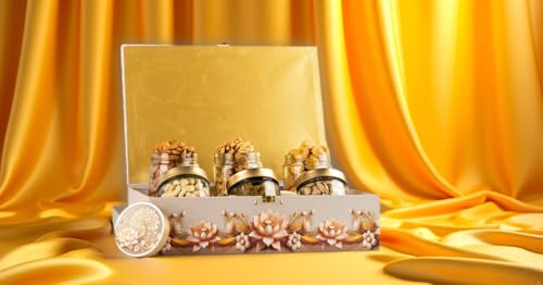 Image of Browntree Dry Fruit Gift Hamper - Elite-6P - 950g | Almonds, Cashews, Raisins, Pistachios, Walnut Kernels & Apricots | Premium Wooden Box with Glass Jars | Festive Luxury | Ideal gift box for all celebration| Corporate Gifts | Premium Dry Fruit Gift Hamper