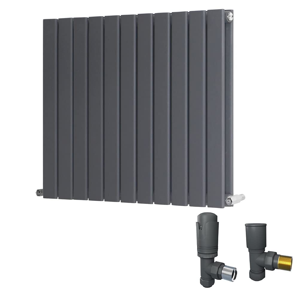 Warmehaus Anthracite 600 X 750Mm Radiator Horizontal Flat Panel Double Central Heating With Angled Thermostatic Radiator Valves