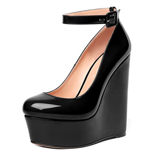 MOVINSTEPS Womens Evening Buckle Round Toe Ankle Strap Dress Platform Patent Wedge High Heel Pumps Shoes 6 Inch