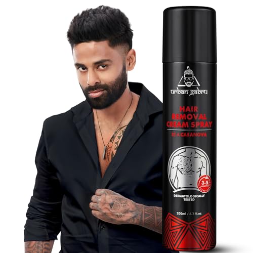 Image of UrbanGabru Casanova Hair Removal Cream Spray for Men (200 ML) | Painless Body Hair remove in Just 3-5 Min for Hands, Legs, Chest, Back & Under Arms | Natural & Safe