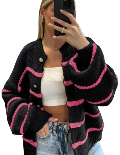 Image of QIBABU Womens Striped Cardigan Sweaters Casual Open Front Long Sleeve Button Down Knit Outwear