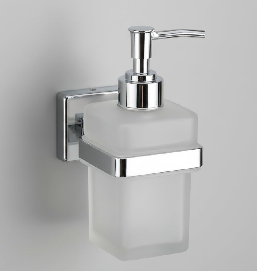Image of Premium Wall Mounted Liquid Soap Dispenser - 304 Stainless Steel Holder with Frosted Glass Bottle | Rust-Proof Hand Wash Pump for Bathroom, Kitchen, & Wash Basin (Square 27N)